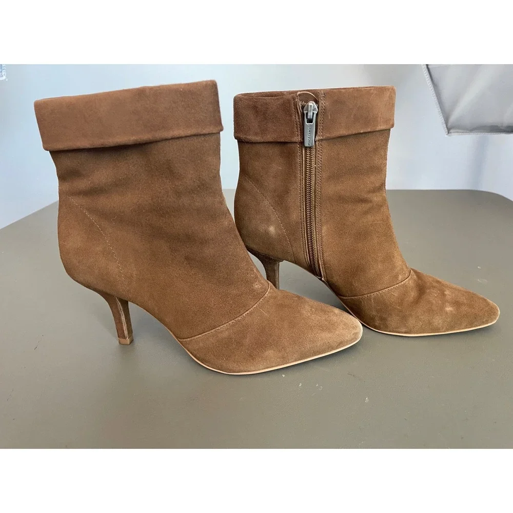 Vince Camuto Brown Suede Pointed Toe Kitten Heel Ankle Booties Fold Over Cuff